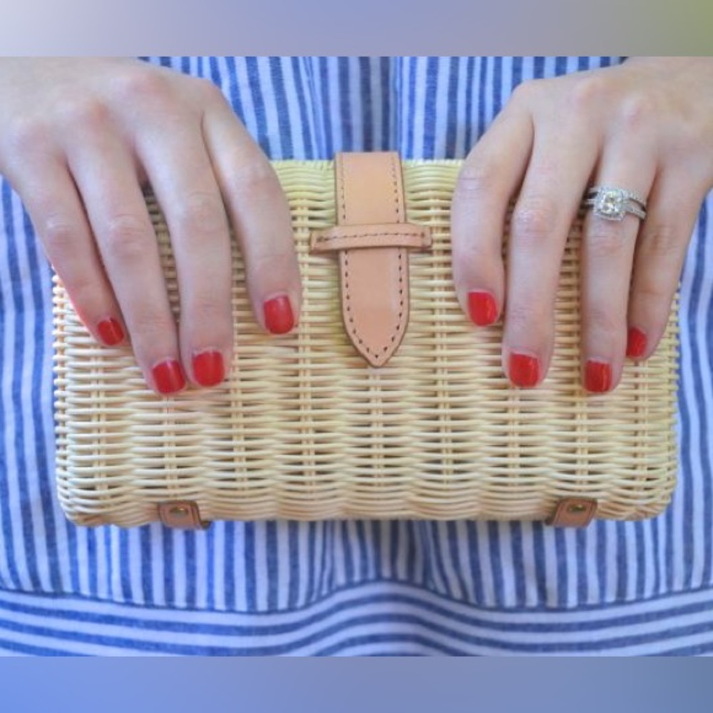 J.Crew NWT Rattan Wicker Clutch Bag w/ Chain strap / Blue Striped Lining